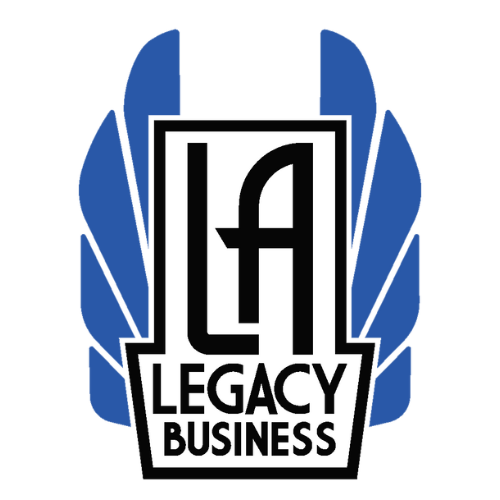 LA Legacy Business Program title in art deco style between blue angel wings
